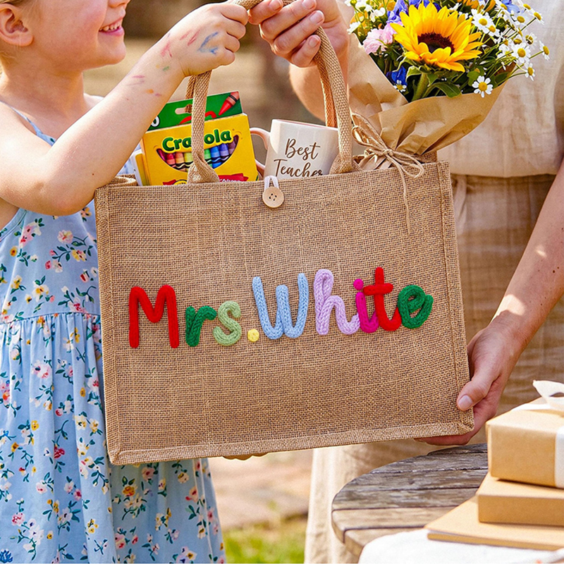 Personalized Burlap Teacher Tote Bag