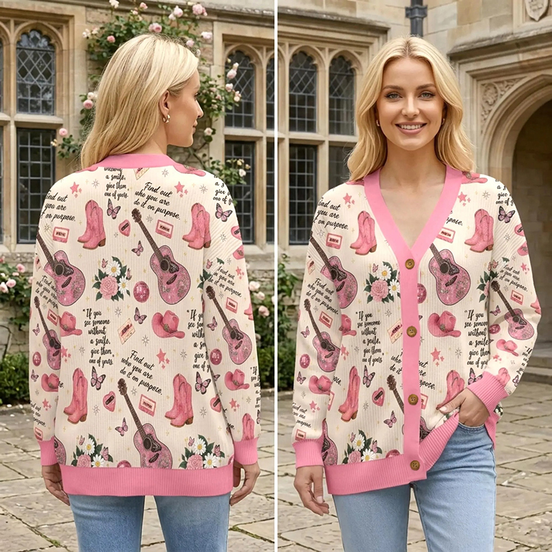 Western Cowgirl Pink Guitar Floral Butterfly Pattern Teacher Ugly Cardigan Sweaters