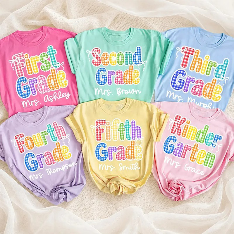 Personalized Grade Name Rainbow Gingham Teacher T-Shirt