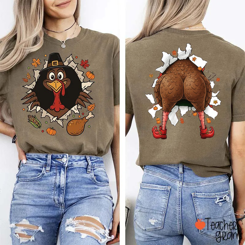 Cartoon Turkey Breakthrough Thanksgiving Humo Teacher Two Sided T-Shirt