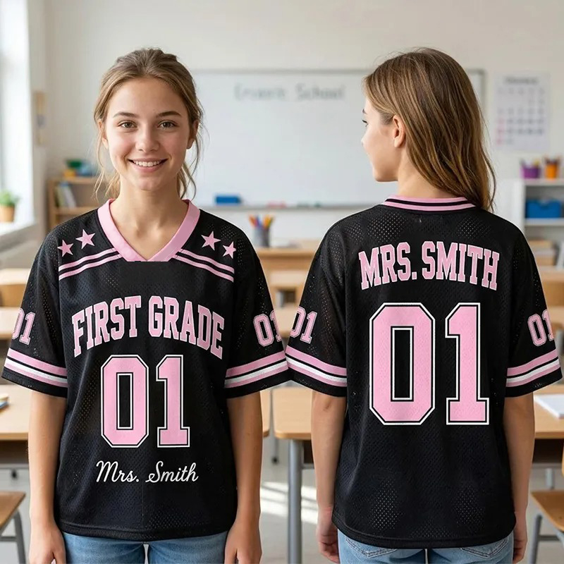 Personalized Grade And Name Preppy Solid First Day Teacher Mesh Jersey