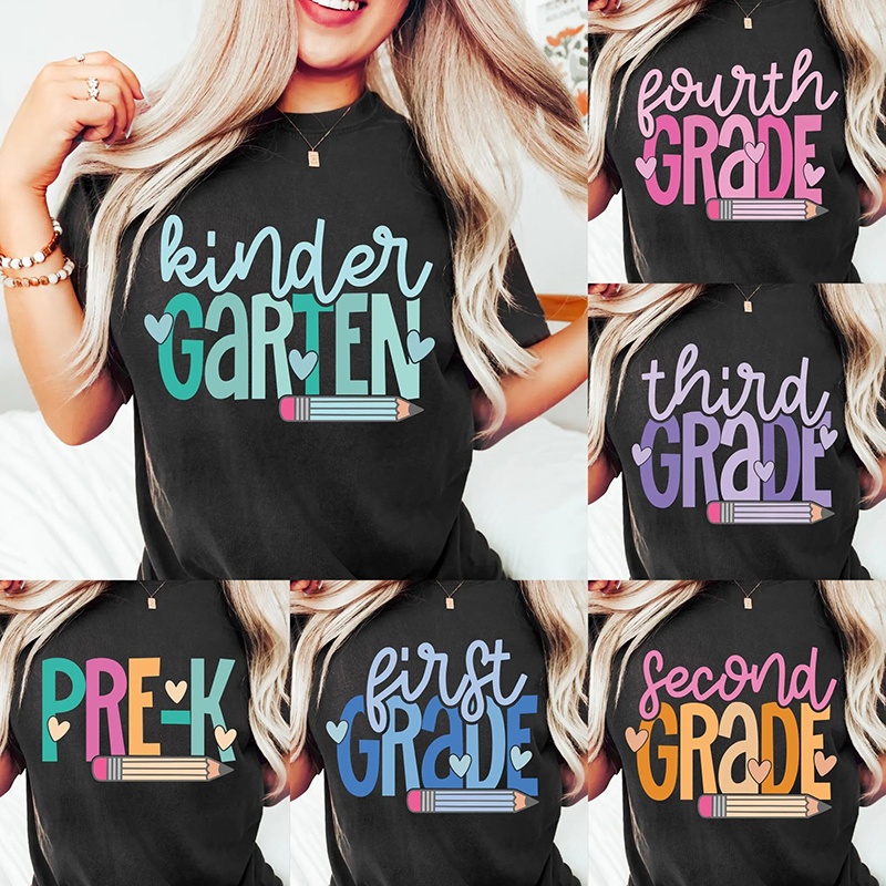 Personalized Grade Pastel Heart Pencil Teacher T-Shirt