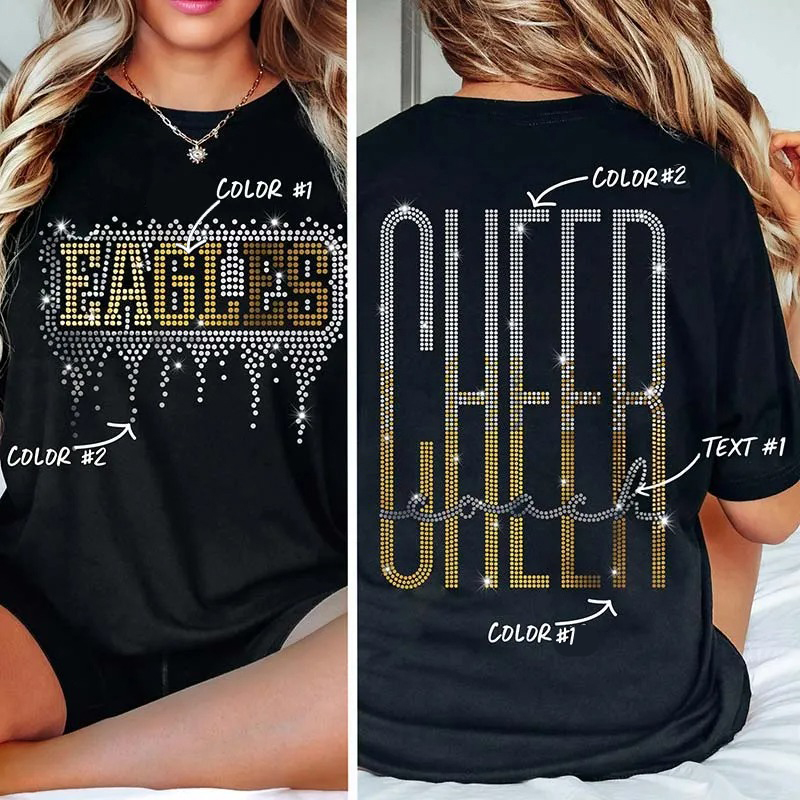 Personalized Mascot Cheer Drip Faux Rhinestone Teacher  Two Sided T-Shirt