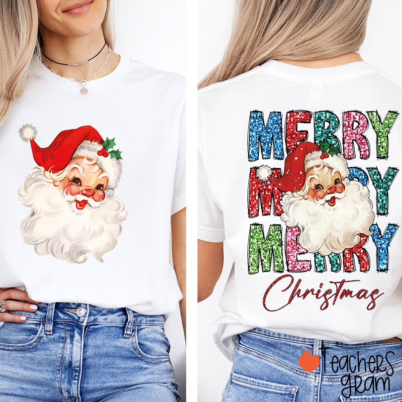 Faux Glitter Santa Merry Christmas Teacher Two Sided T-Shirt