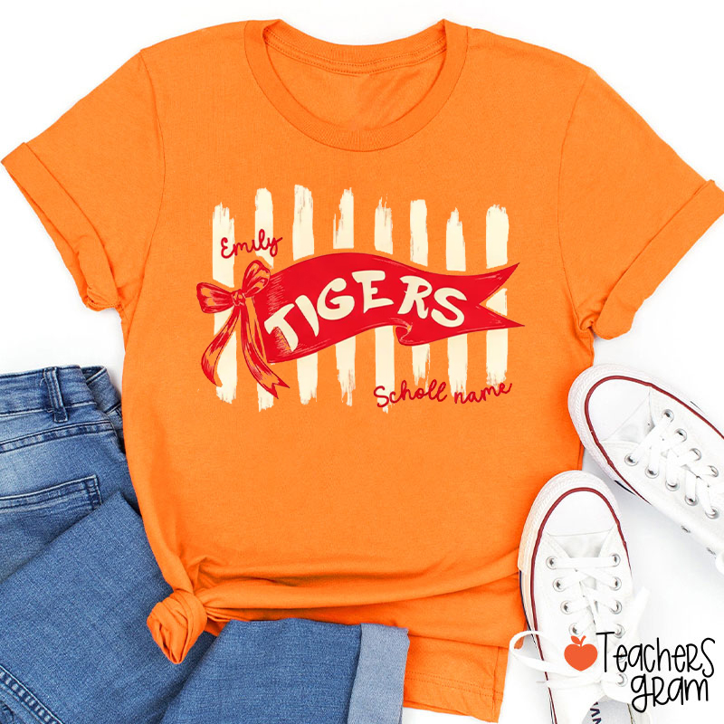Personalized Mascot Pennant Bow Vertical Stripe Teacher T-Shirt