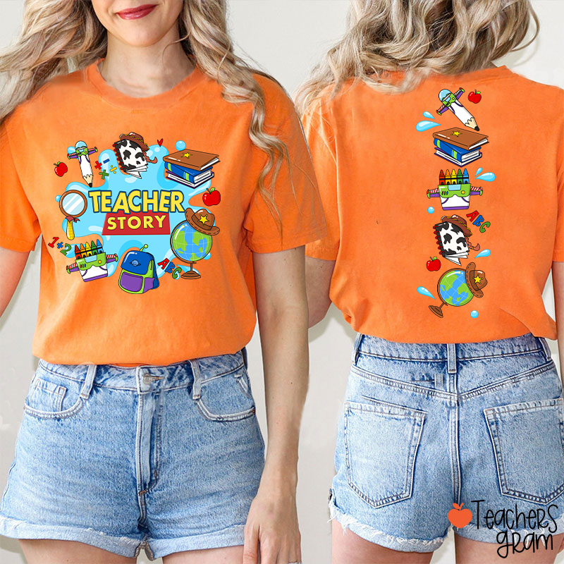 Teacher Story Cute School Stuff Icons Teacher Two Sided T-Shirt