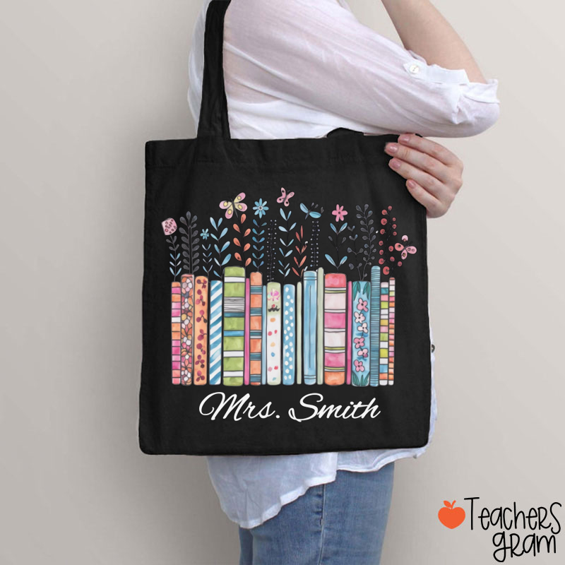 Personalized Floral Books Teacher Tote Bag