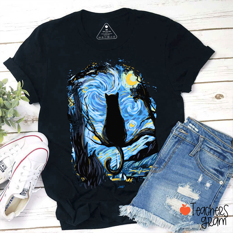 Starry Night Cat Teacher T-Shirt