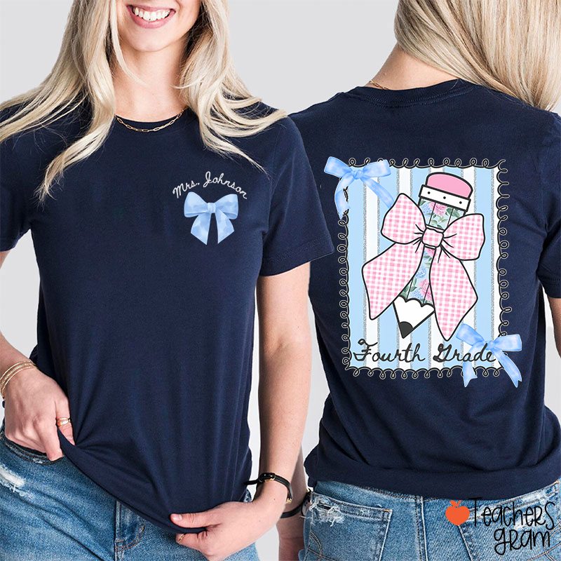 Personalized Grade And Name Flower Pencil Checkered Bow Teacher Two Sided T-Shirt