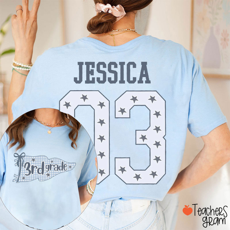 Personalized Grade Name Star Number Teacher Two Sided T-Shirt