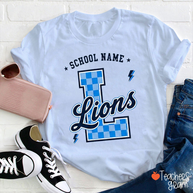 Personalized Mascot Checkered Varsity Letter Teacher T-Shirt