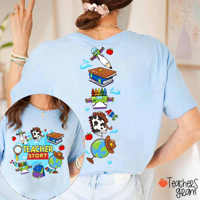 Teacher Story Cute School Stuff Icons Teacher Two Sided T-Shirt