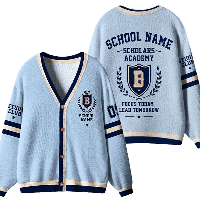 Personalized School Name Crest Est Year Slogan Teacher Ugly Cardigan Sweater
