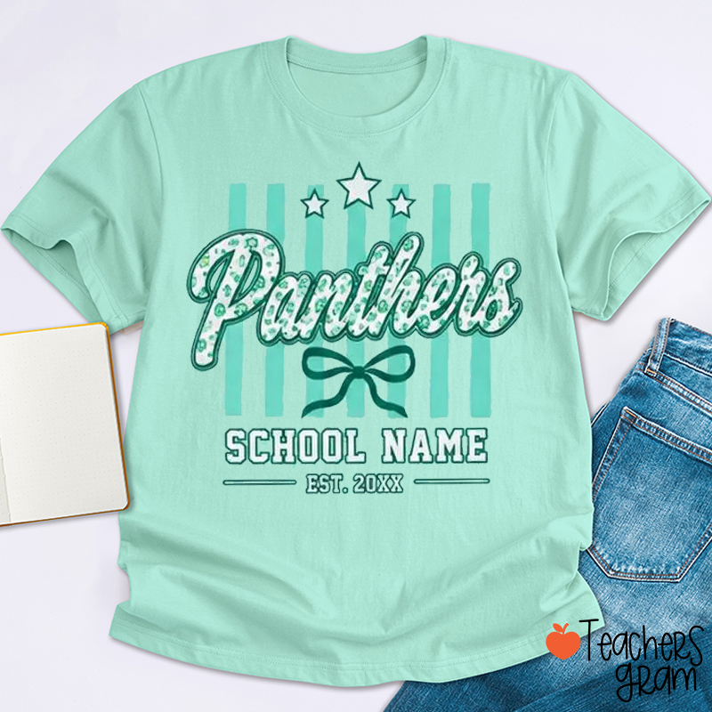 Personalized Mascot Vertical Stripe Bow Star Teacher T-Shirt