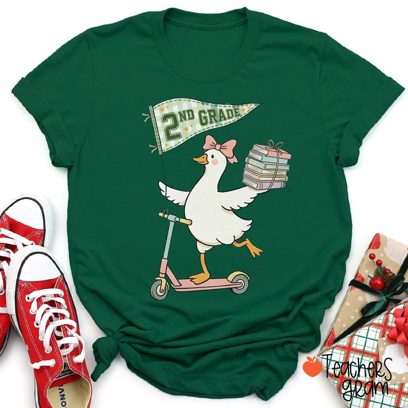 Personalized Grade Scooter Silly Goose Pennant Book Stack Teacher T-Shirt