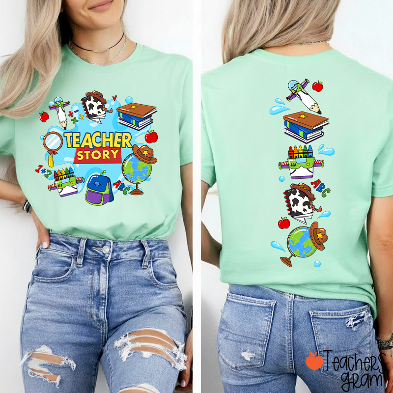 Teacher Story Cute School Stuff Icons Teacher Two Sided T-Shirt