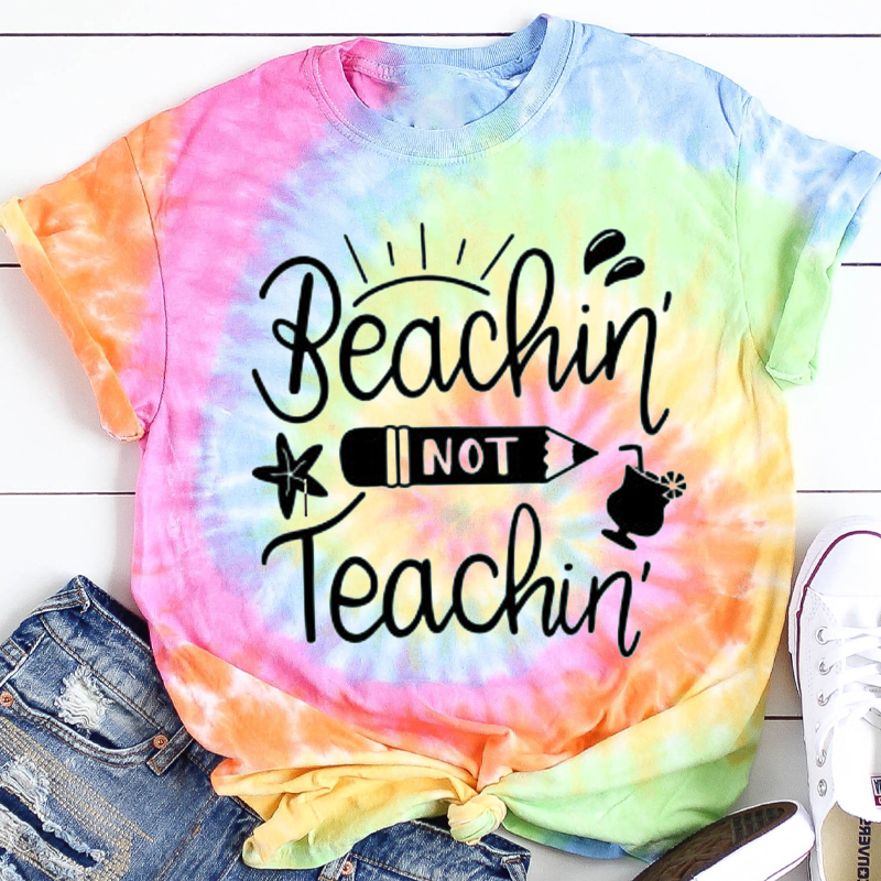 Beachin' Not Teachin' Pink Poodle Creations Teacher Tie-dye T-Shirt