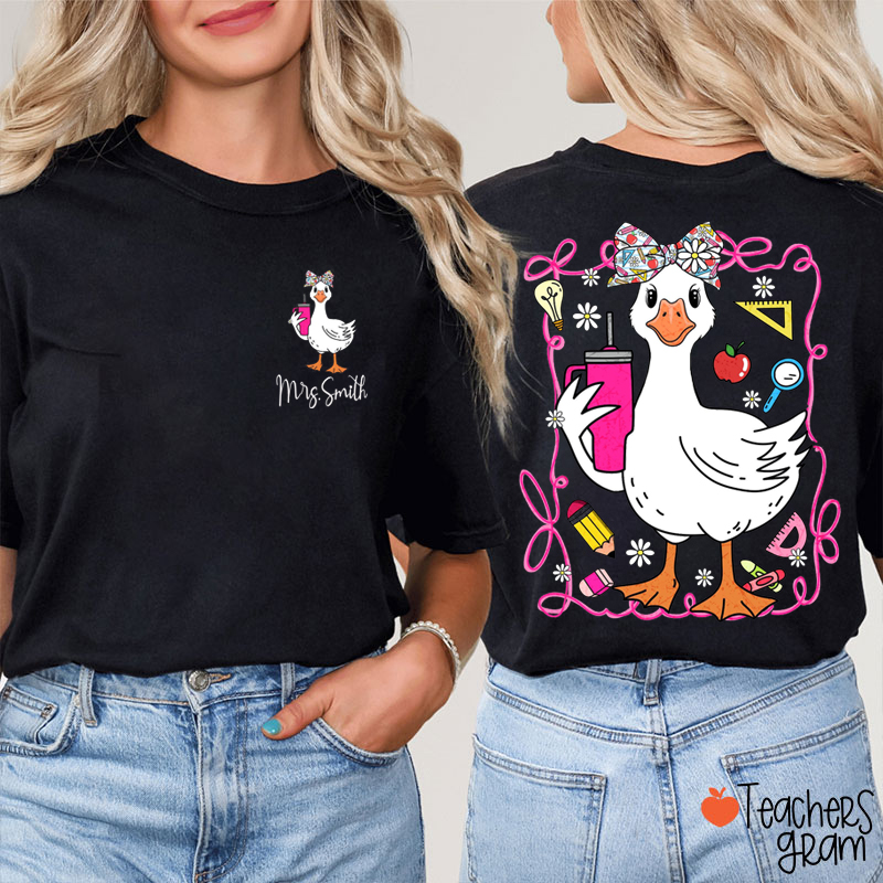 Personalized Name Coquette Silly Goose Teacher Two Sided T-Shirt