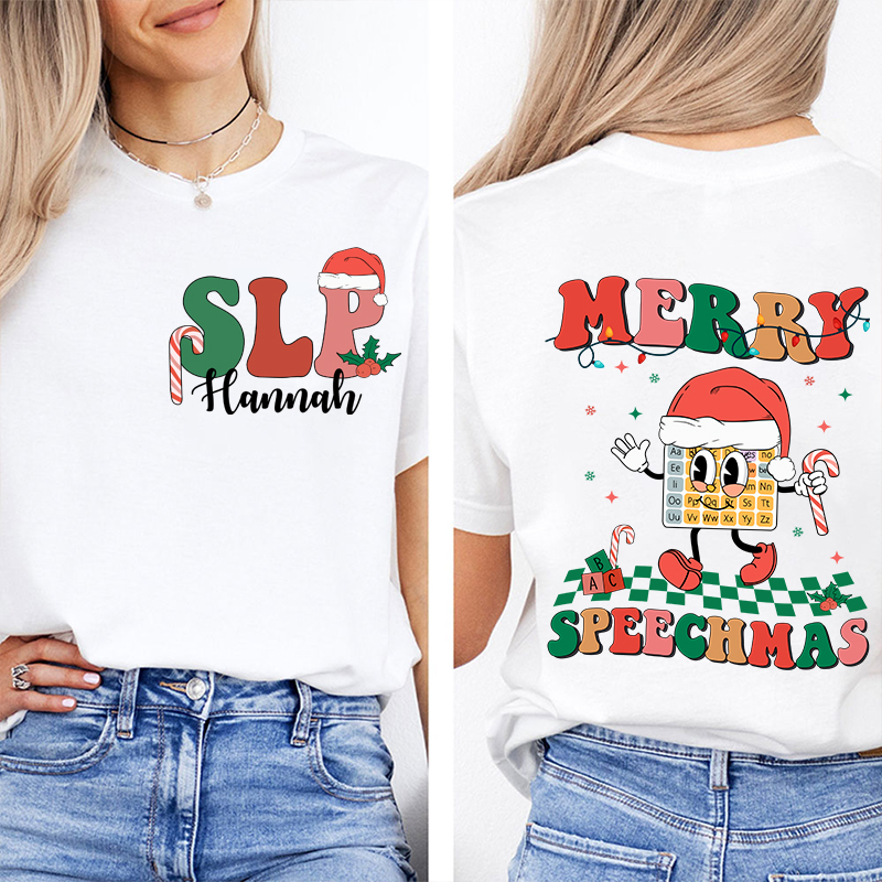 Personalized Name SLP Merry Christmas Teacher Two Sided T-Shirt