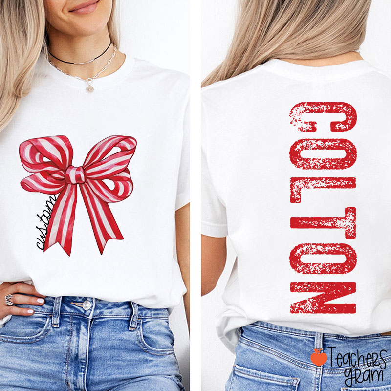 Personalized Mascot And Name Striped Bow Teacher Two Sided T-Shirt
