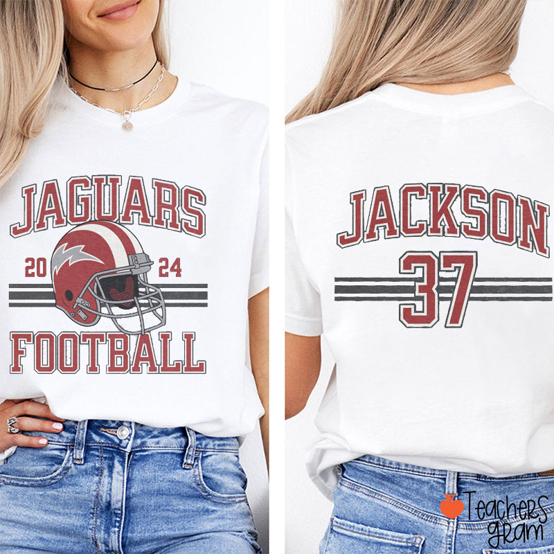 Personalized Mascot And Number Football Game Day Teacher Two Sided T-Shirt