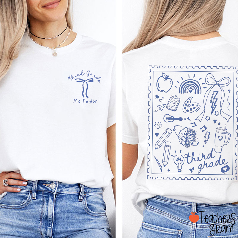 Personalized Grade And Name Stamp Teacher Two Sided T-Shirt