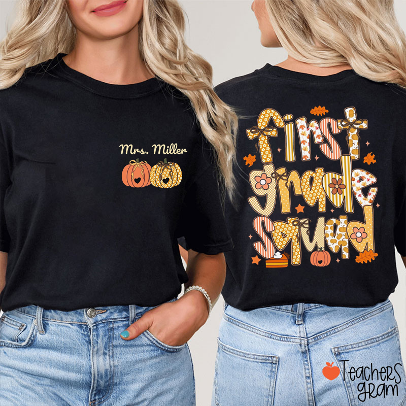 Personalized Name And Grade Pumpkin Autumn Teacher Two Sided T-Shirt