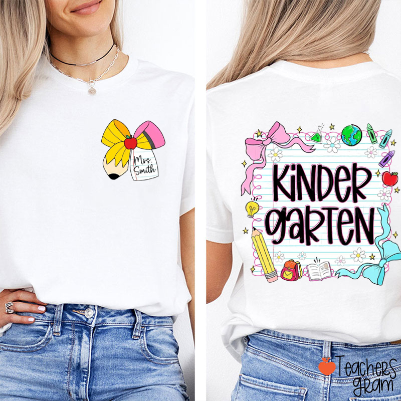 Personalized Grade And Name Pencil Bow Notebook Teacher Two Sided T-Shirt
