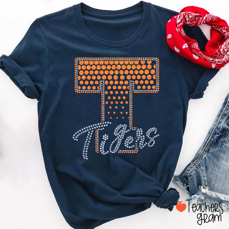 Personalized Mascot Rhinestone Varsity Letter Script Teacher T-Shirt