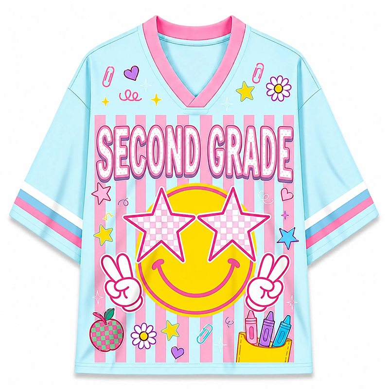 Personalized Grade And Name Preppy Stripes Smiley First Day Teacher Mesh Jersey