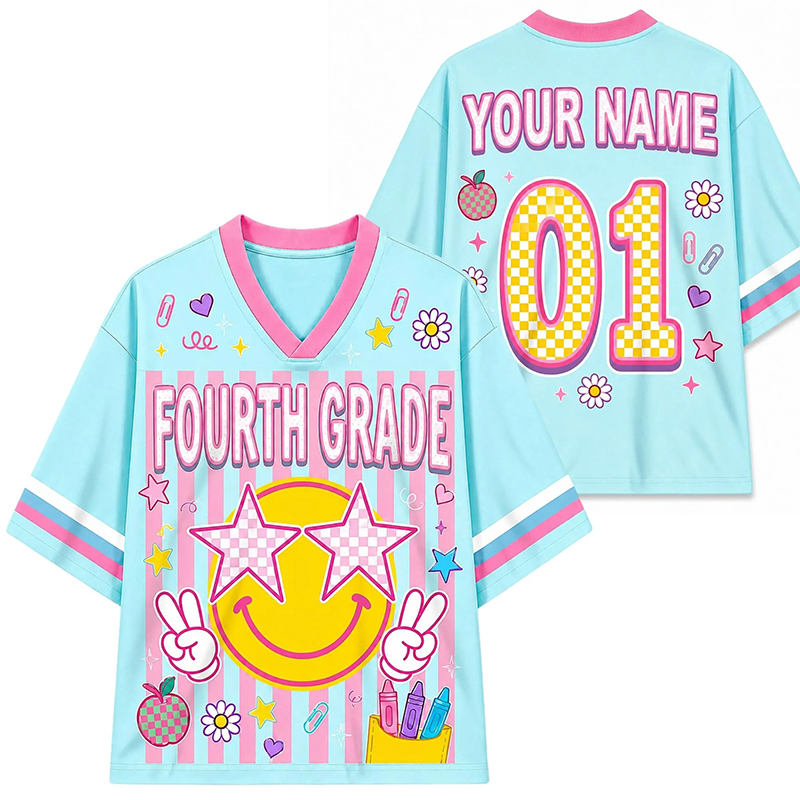 Personalized Grade And Name Preppy Stripes Smiley First Day Teacher Mesh Jersey