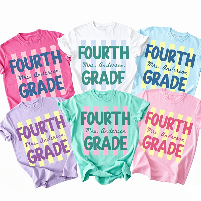 Personalized Name And Grade Preppy Stripes Teacher T-Shirt