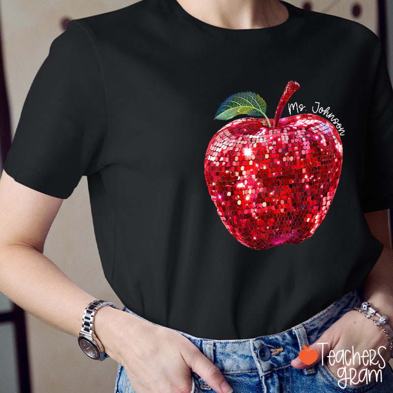 Personalized Red Glitter Apple And Name Teacher T-Shirt