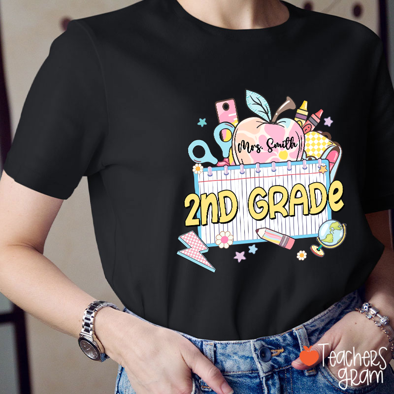 Personalized Grade And Name Apple Notebook Teacher T-Shirt