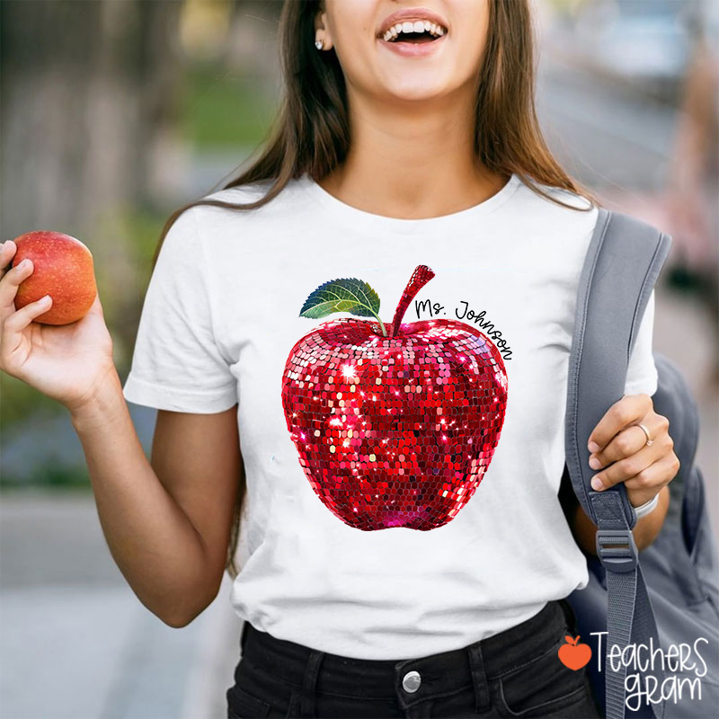Personalized Red Glitter Apple And Name Teacher T-Shirt
