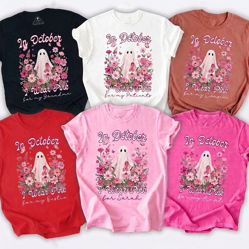 Personalized In October I Wear Pink Ghost Pink Ribbon Floral Memorial Text Teacher T‑Shirt