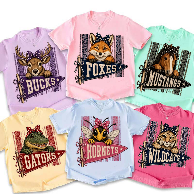 Personalized Mascot Bow Pennant Paisley Striped Graphic Teacher T‑Shirt