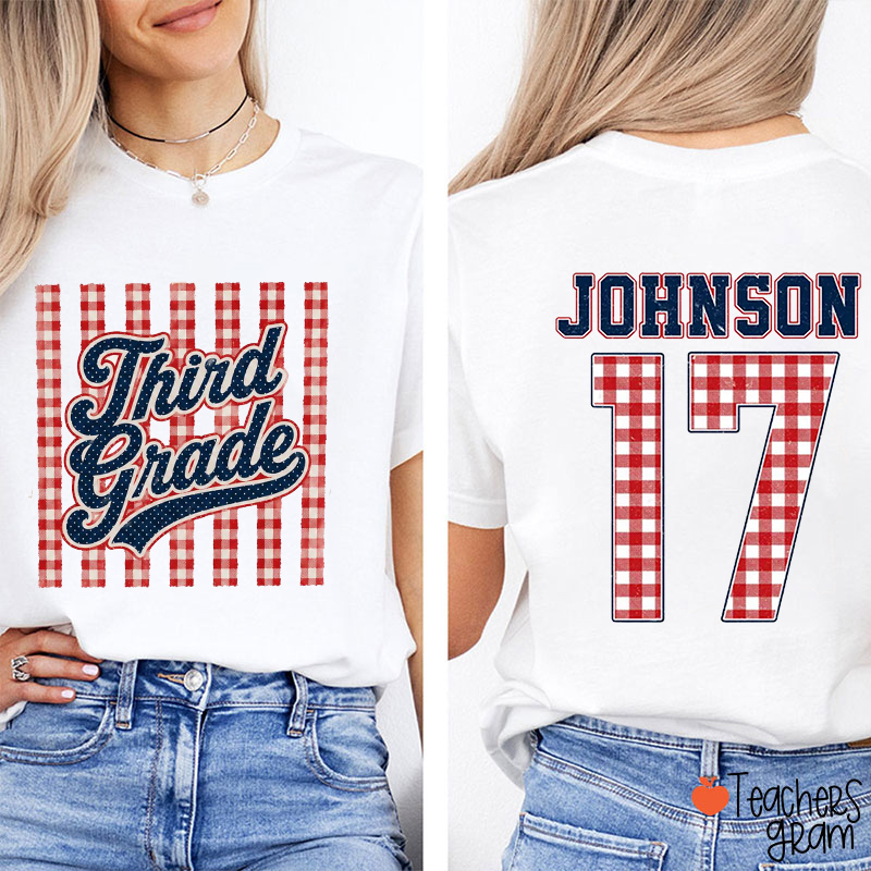 Personalized Grade Name Gingham Vertical Stripe Front And Back Teacher Two Sided T-Shirt