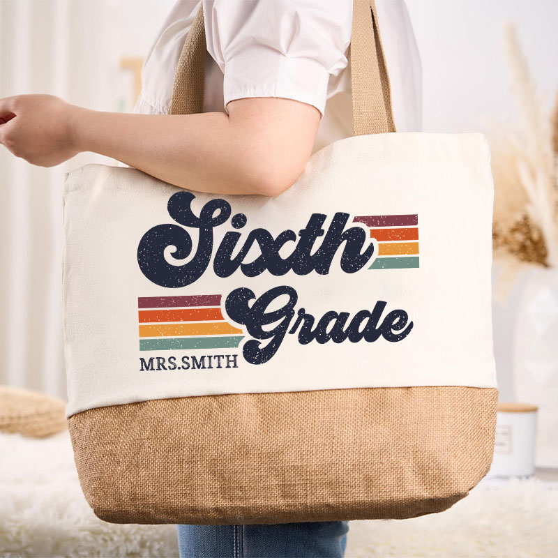 Personalized Grade And Name Retro Horizontal Stripes Teacher Canvas Tote Bag
