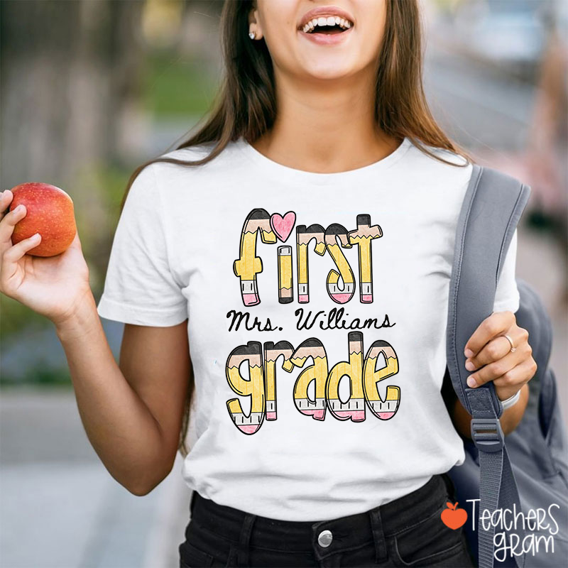 Personalized Pencil Pattern Of Grade And Name Teacher T-Shirt