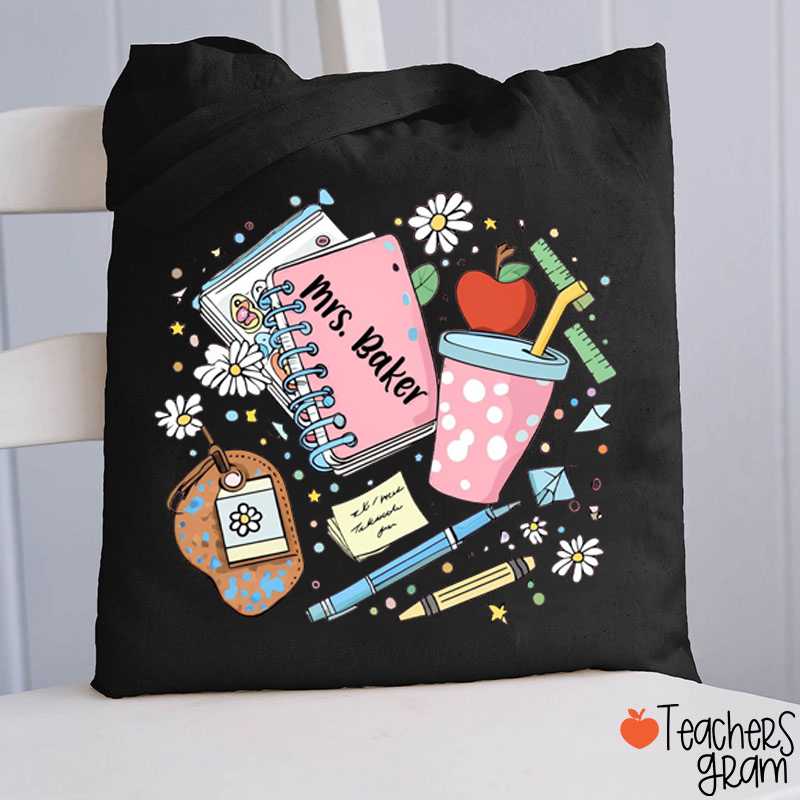 Personalized Name Notebook Apple Flower Teacher Tote Bag