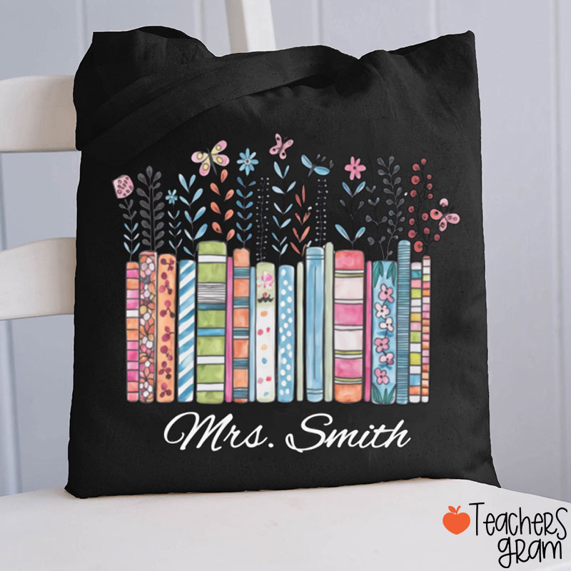 Personalized Floral Books Teacher Tote Bag
