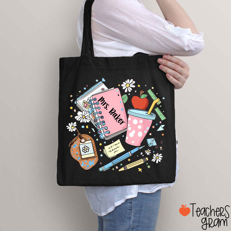 Personalized Name Notebook Apple Flower Teacher Tote Bag