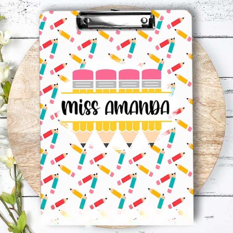 Personalized Name Cute Pencil Background Teacher Clipboard