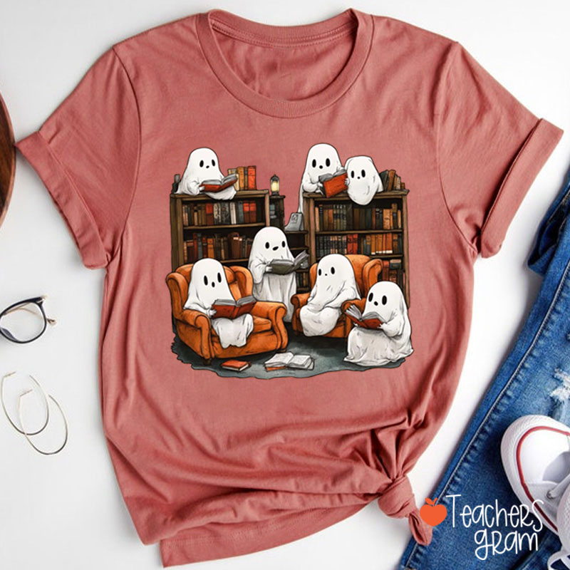 Cute Halloween Ghost Reading Book Teacher T-Shirt