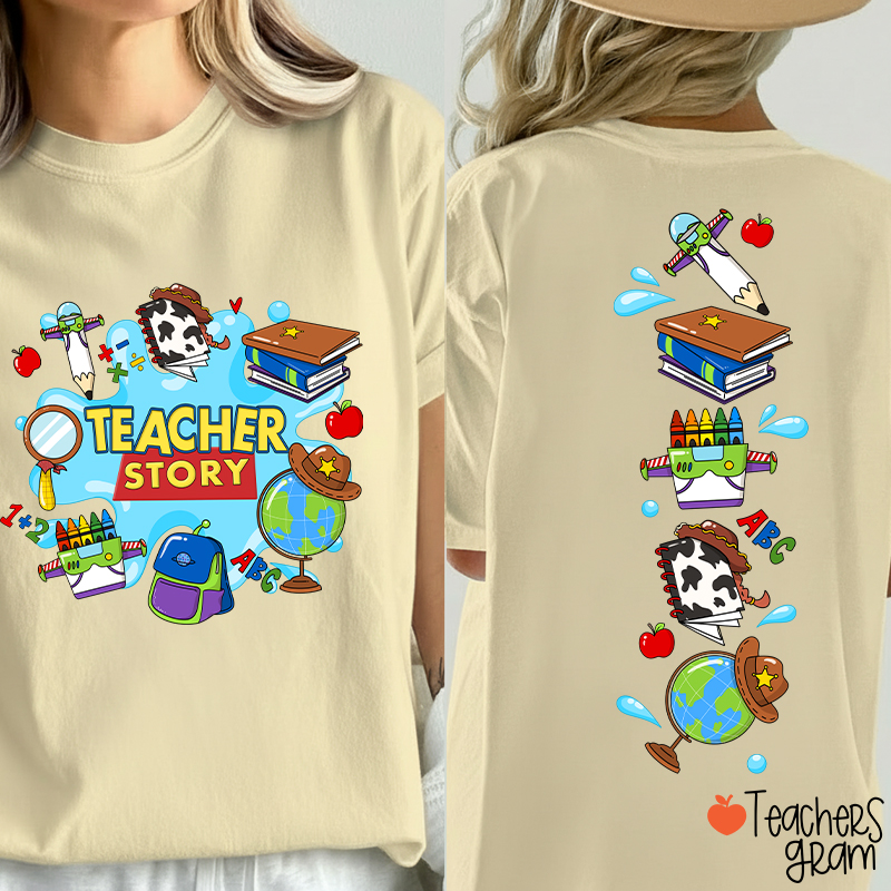Teacher Story Cute School Stuff Icons Teacher Two Sided T-Shirt