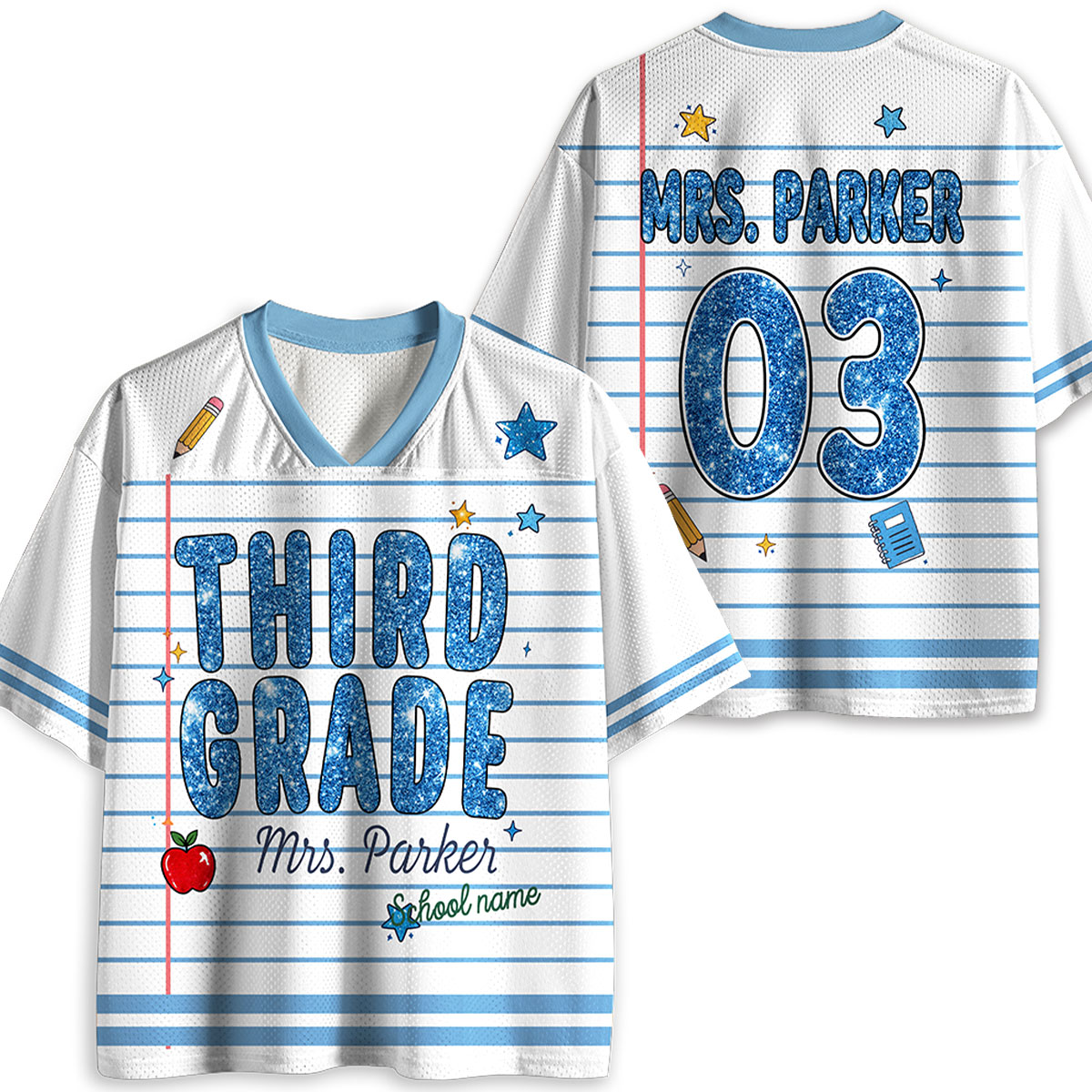 Personalized Grade And Name Notebook Lines Blue Printing Teacher Mesh Jersey