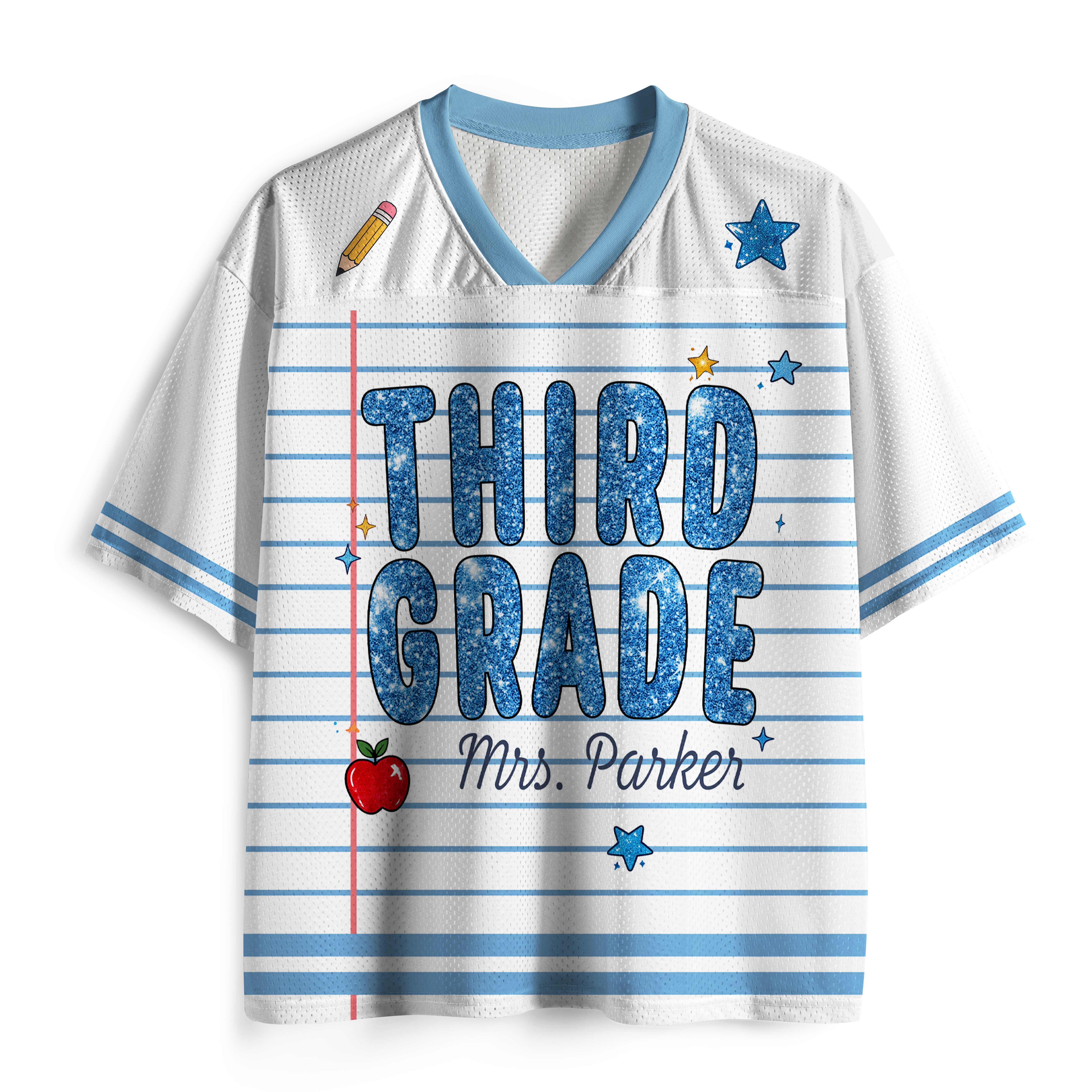 Personalized Grade And Name Notebook Lines Blue Printing Teacher Mesh Jersey
