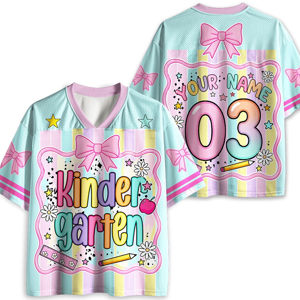 Personalized Grade And Name Coquette Bow Coloful Stripes Teacher Mesh Jersey