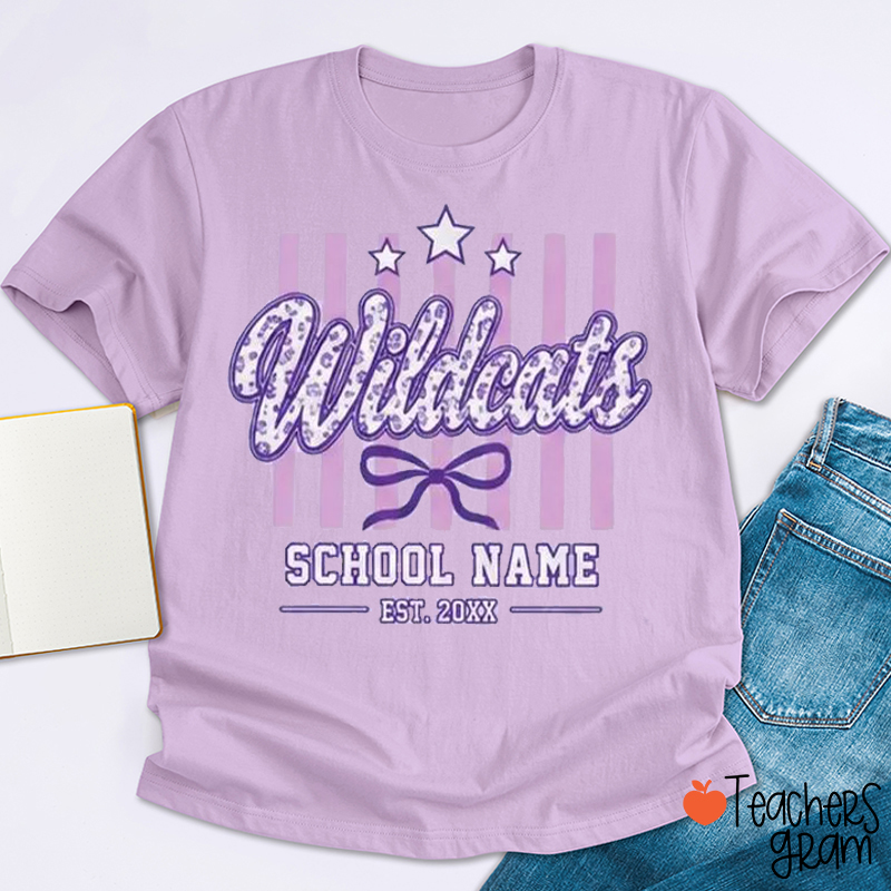 Personalized Mascot Vertical Stripe Bow Star Teacher T-Shirt